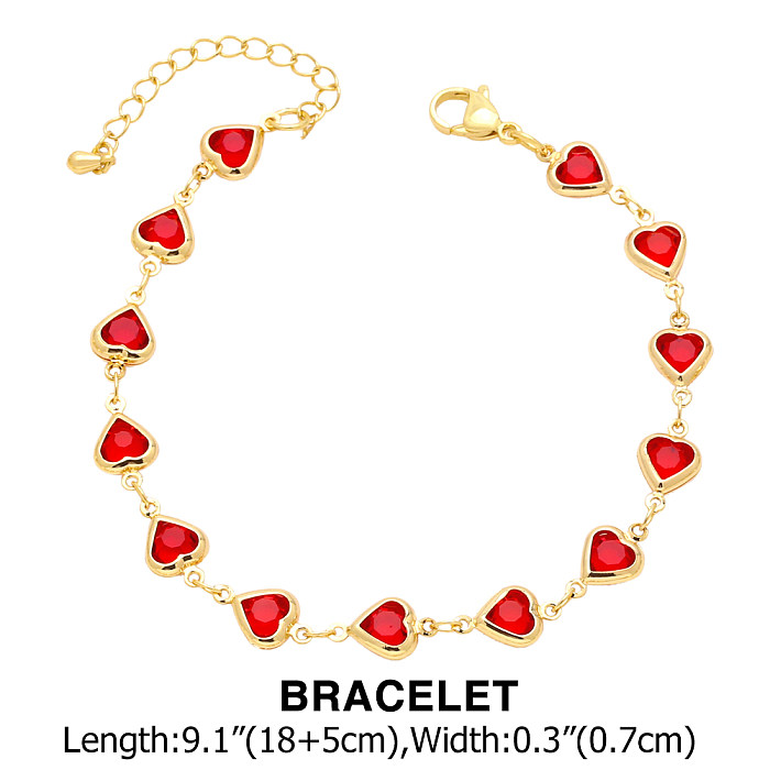 Elegant Heart Shape Copper Plating Inlay Zircon 18K Gold Plated Bracelets Necklace