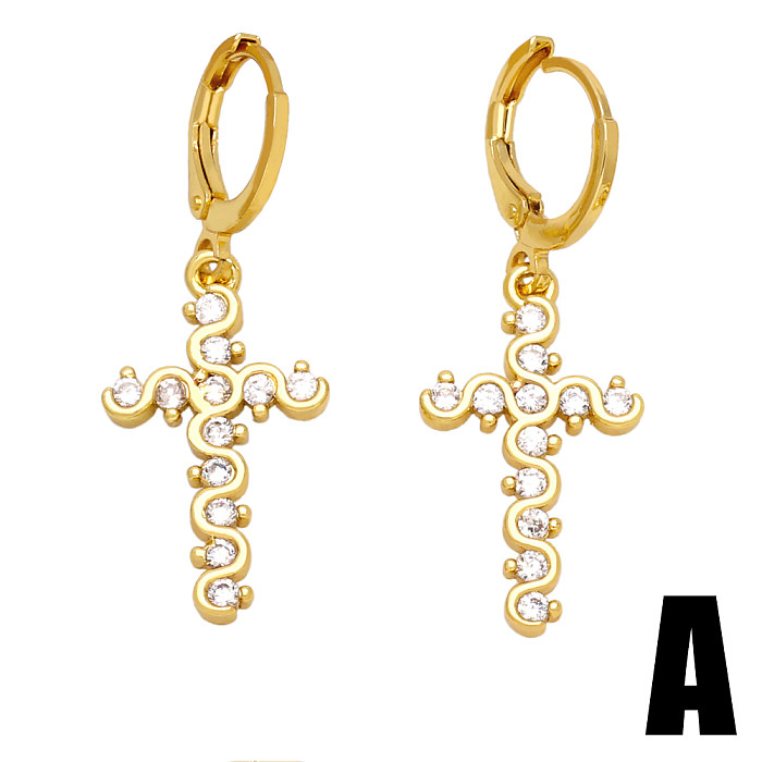1 Pair IG Style Casual Streetwear Cross Devil'S Eye Moon Plating Inlay Copper Zircon 18K Gold Plated Drop Earrings