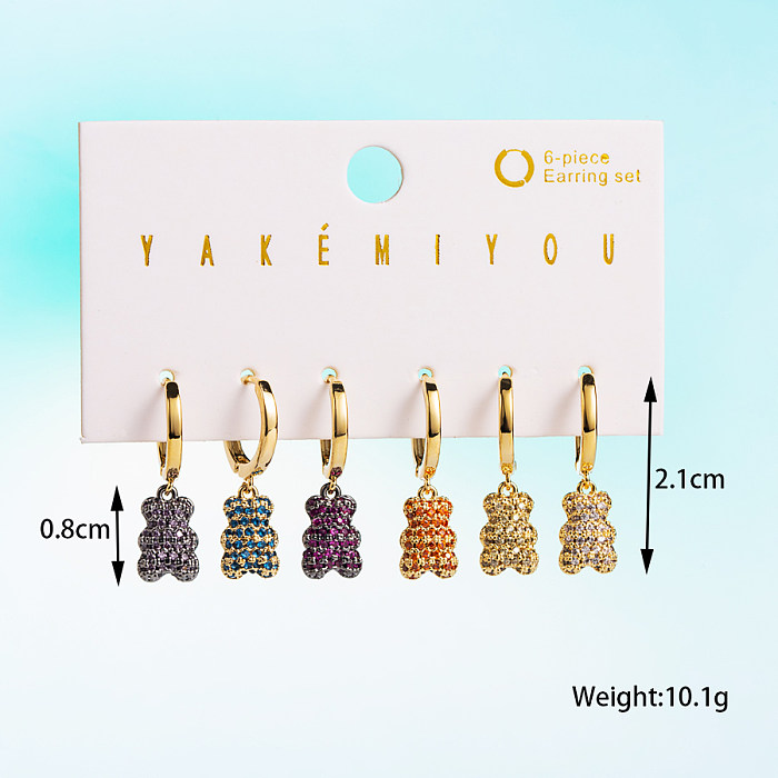 1 Set süße Bären-Ohrringe mit Intarsien-Kupfer-Zirkon-Vergoldung und 14-Karat-Vergoldung