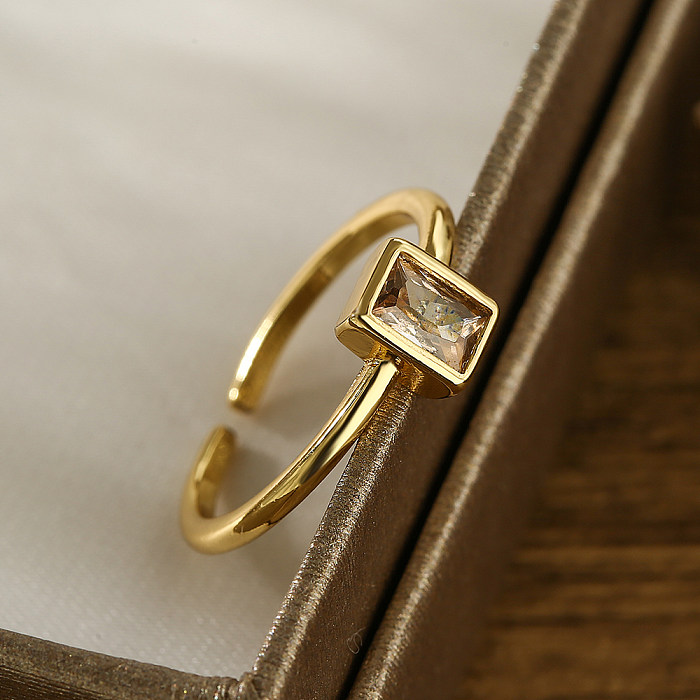 Elegant Simple Style Rectangle Copper Plating Inlay Zircon 18K Gold Plated Open Ring