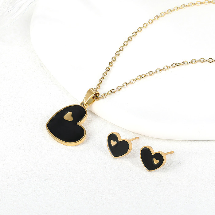 Romantische süße herzförmige Edelstahl-Emaille-Beschichtung mit 18 Karat vergoldeter Damen-Ohrring-Halskette