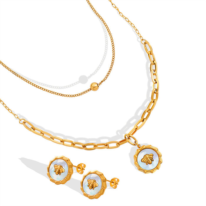 Ensemble de bijoux pour femmes, pendentif imprimé abeille, coquillage de mer blanc à la mode, collier Double couche, boucles d'oreilles