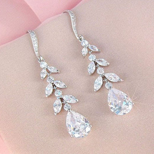 Fashion Tassel Drop-shaped Zircon Leaf Bridal Copper Earrings