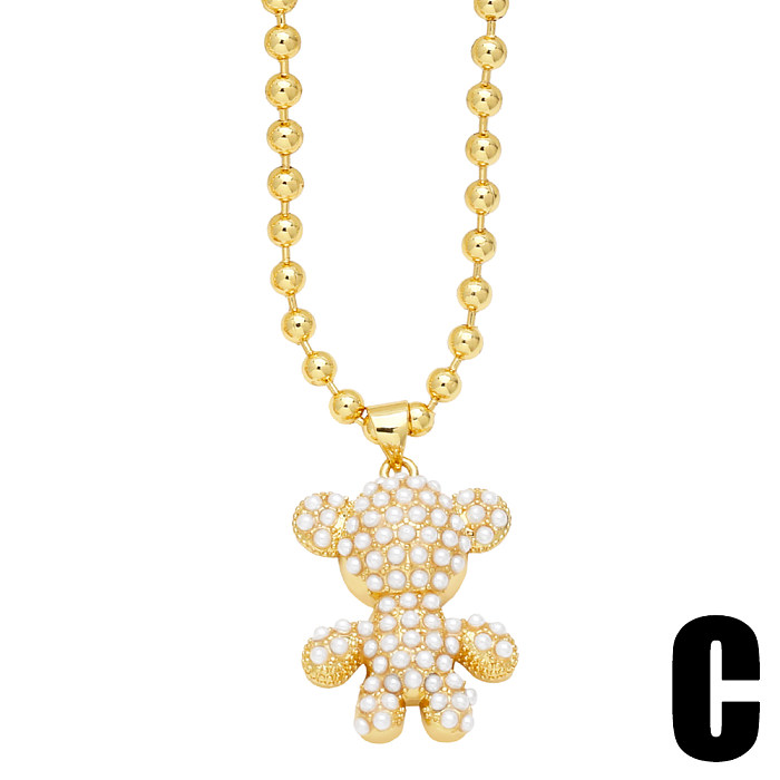 Einfache Streetwear-Halskette „Little Bear“ aus Kupfer mit 18 Karat vergoldeten Perlen und Anhänger in großen Mengen
