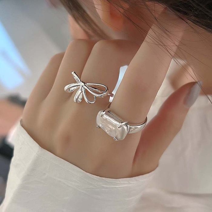 Elegant Bow Knot Rectangle Copper Inlay Artificial Pearls Open Ring