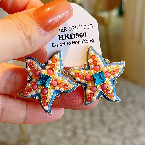 1 Pair Beach Starfish Plating Inlay Copper Artificial Pearls Ear Studs