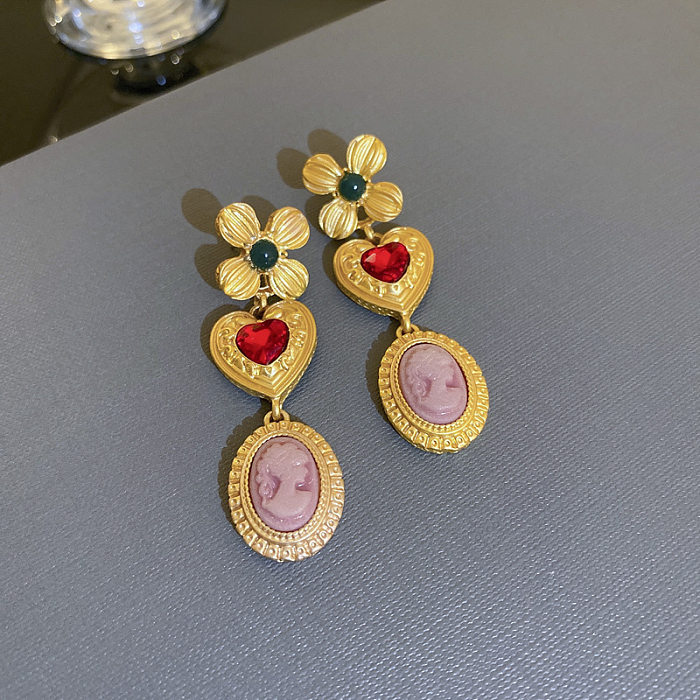 Retro redondo formato de coração flor cobre incrustado resina strass zircão pulseiras brincos colar