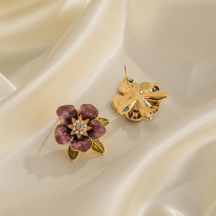 1 paire de clous d'oreilles en Zircon, incrustation d'émail peint de fleurs douces, perles artificielles en cuivre