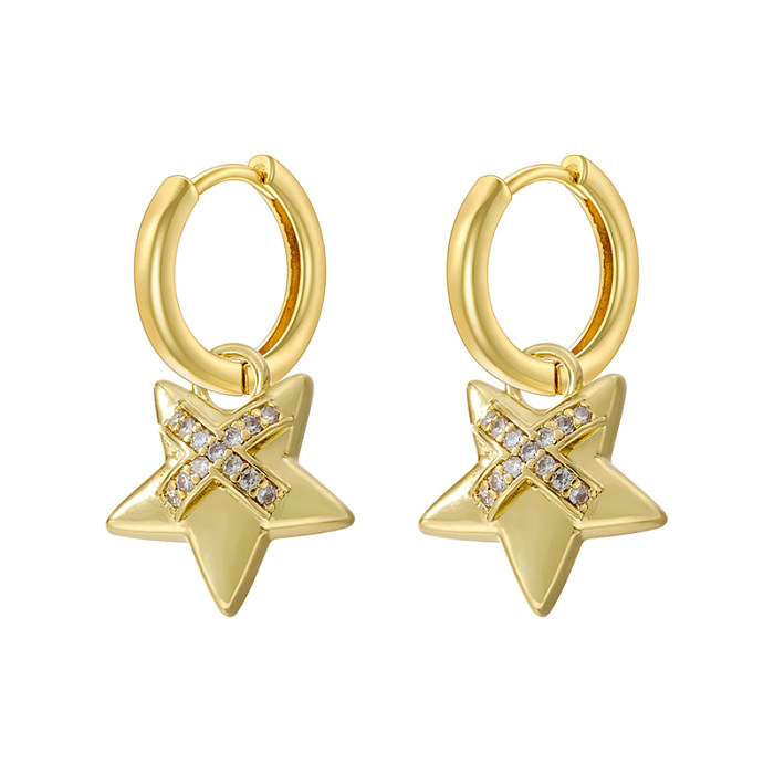 1 Paar IG-Stil, lässiger moderner Stil, Pentagramm-Herzform, plattiert, Kupfer-Zirkon, 18 Karat vergoldete Ohrringe