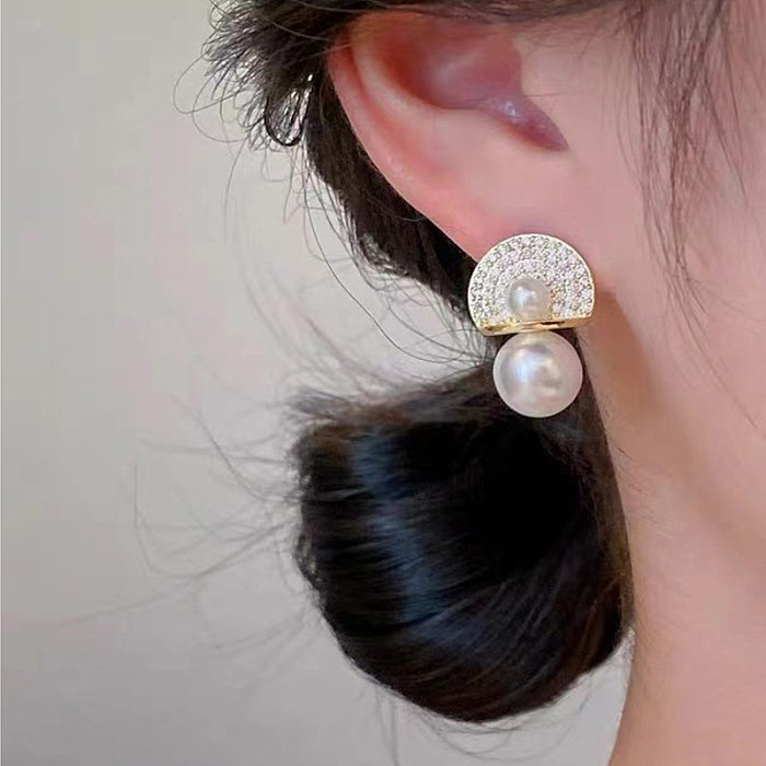 1 Pair Simple Style Round Inlay Copper Rhinestones Pearl Ear Studs