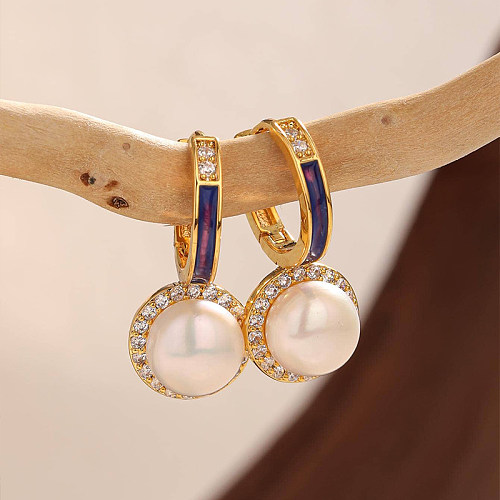 1 Pair Elegant Lady Simple Style Geometric Inlay Copper Pearl Zircon Drop Earrings