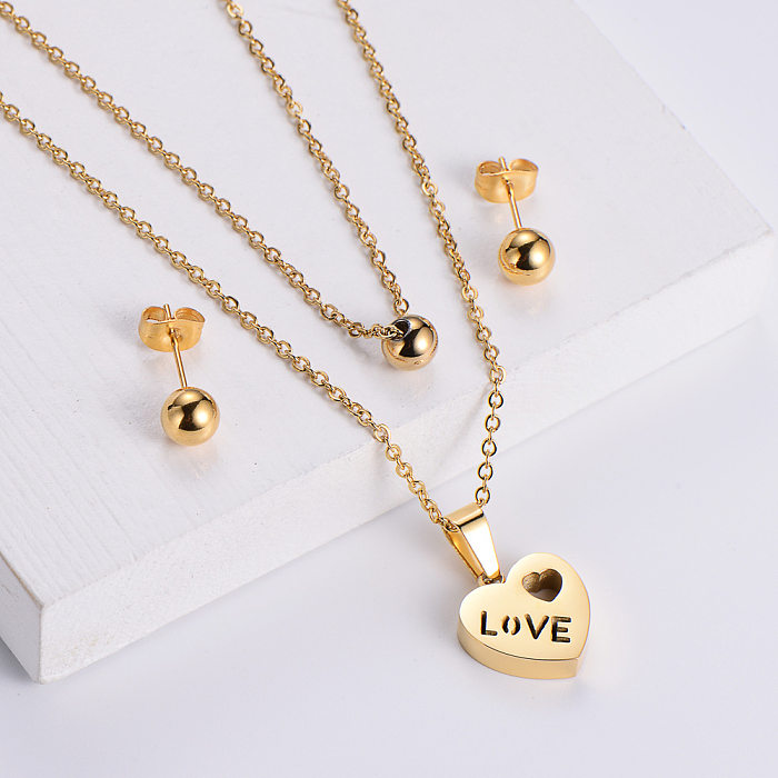 Wholesale Jewelry Round Bead Heart-shaped Pendant Titanium Steel Necklace Earrings Set jewelry