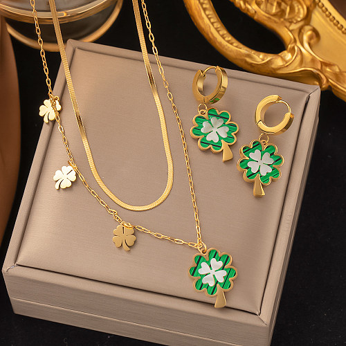 Wholesale INS Style Four Leaf Clover Flower Titanium Steel Gold Plated Shell Bracelets Earrings Necklace