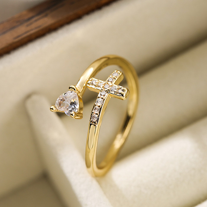 Simple Style Cross Infinity Heart Shape Copper Plating Inlay Zircon 18K Gold Plated Open Ring