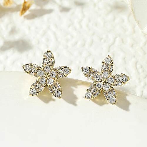 1 Pair Cute Simple Style Flower Plating Inlay Copper Zircon 18K Gold Plated Ear Studs