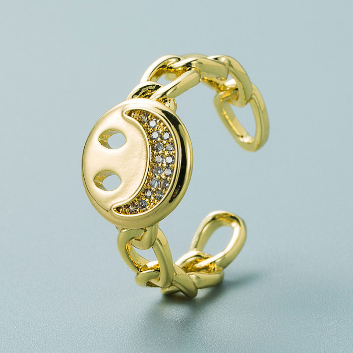 Moda banhado a cobre 18K ouro micro-incrustado zircão estrela e lua smiley face anel