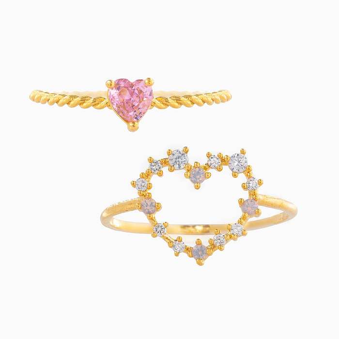 Anillos de latón con forma de corazón a la moda, anillos de cobre con diamantes de imitación artificiales