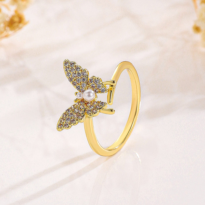 Estilo simples estilo clássico borboleta chapeamento de cobre embutimento zircão anel aberto banhado a ouro 14K