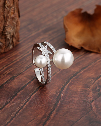 Elegant Simple Style Star Copper Plating Inlay Artificial Pearls Zircon White Gold Plated Open Ring