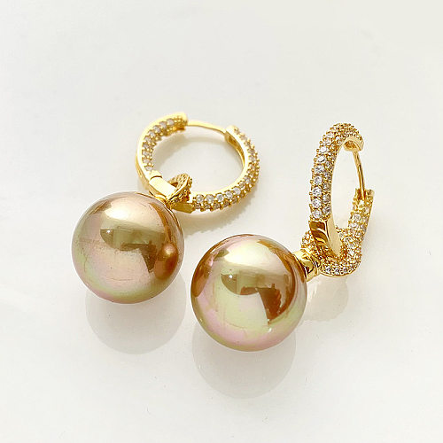 1 paire de boucles d'oreilles rétro en cuivre et Zircon, incrustation de couleur unie, Imitation de perles
