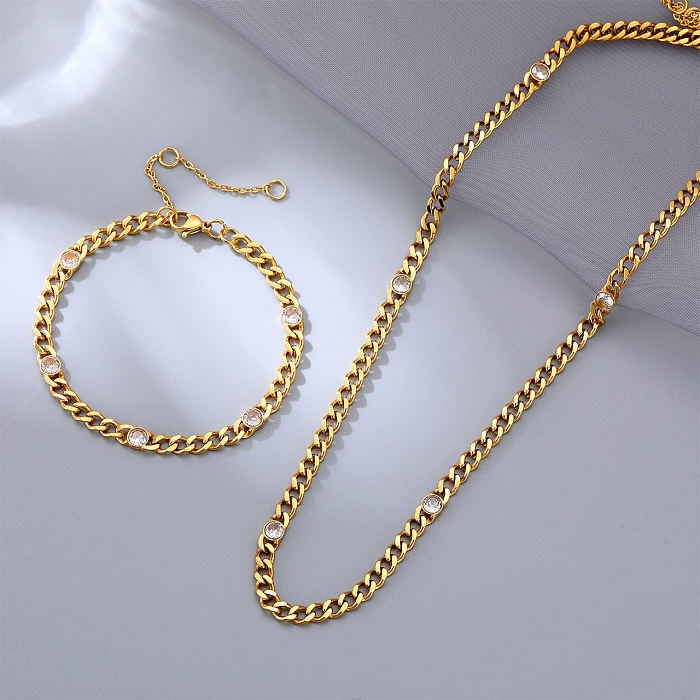 Casual hip-hop cor sólida chapeamento de aço inoxidável inlay zircão banhado a ouro pulseiras colar