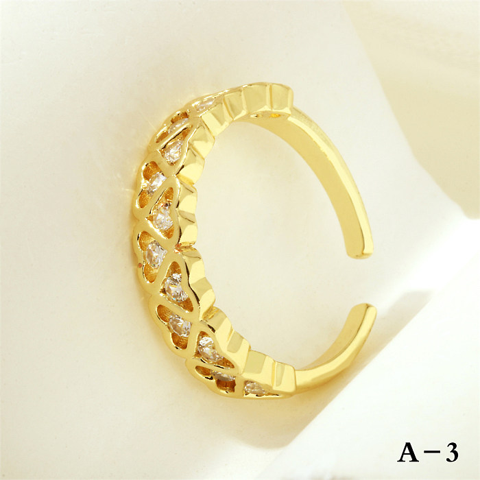 Luxuosa letra em forma de coração chapeamento de cobre embutimento zircão anéis abertos banhados a ouro 18K