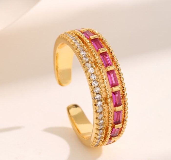 Luxurious Sweet Commute Rectangle Copper Criss Cross Plating Inlay Zircon 18K Gold Plated Open Rings
