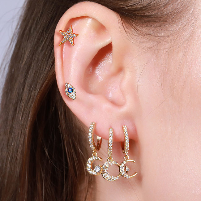 Retro Devil'S Eye Star Moon Copper Inlaid Zircon Earrings 1 Set