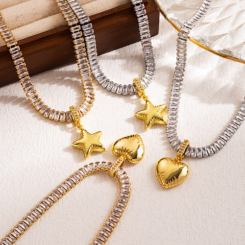 Elegant Glam Pentagram Heart Shape Copper Three-dimensional Zircon 18K Gold Plated Pendant Necklace