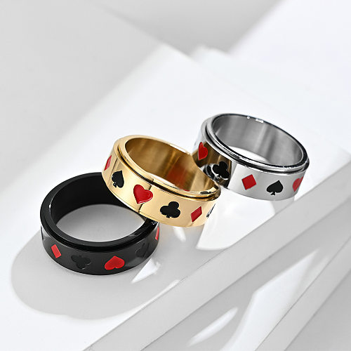 Fashion Spade Roter Pfirsich-Pflaumenblüten-Quadrat-Spielkartenmuster-Titanstahl-drehbarer Ring