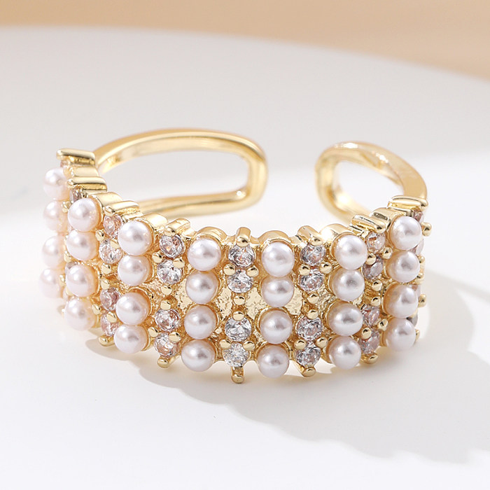 Anillos abiertos de perlas de diamantes de imitación con incrustaciones de cobre geométricos elegantes