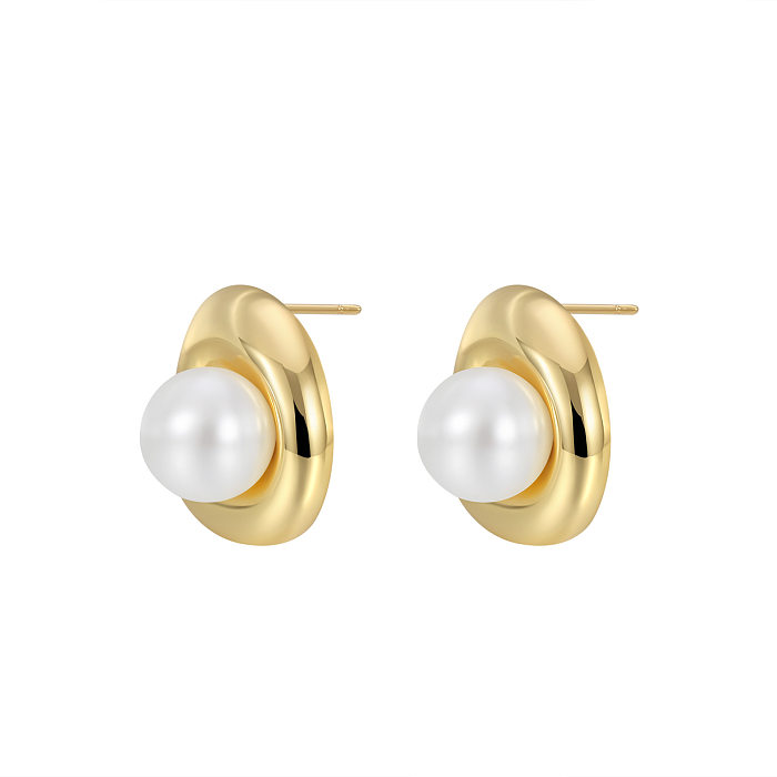 Clous d'oreilles en perles artificielles avec incrustation ronde en cuivre de style simple, 1 paire