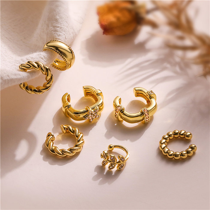 1 Pair IG Style French Style Simple Style Leaves Twist Plating Inlay Copper Zircon 18K Gold Plated Ear Cuffs