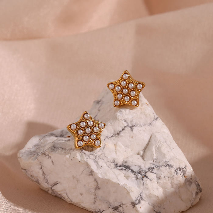 Elegante Pentagramm-Ohrring-Halskette mit Intarsien-Perle und 18-Karat-Vergoldung aus Edelstahl