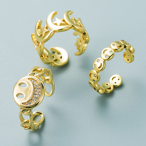 Modischer, verkupferter 18-Karat-Gold-Mikro-Intarsien-Zirkon-Stern- und Mond-Smiley-Ring