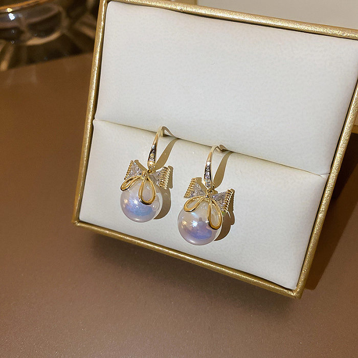 Simple Style Round Copper Plating Inlay Pearl Drop Earrings 1 Pair