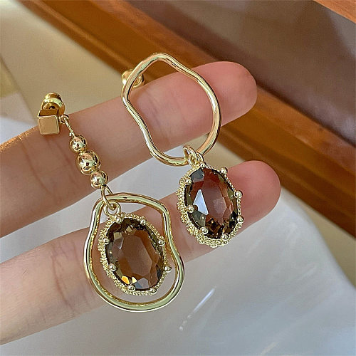 Boucles d'oreilles pendantes rétro géométriques en cuivre avec incrustation de cristal, 1 paire