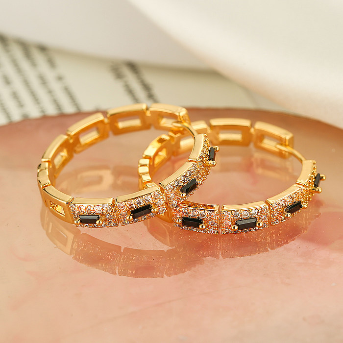 1 Pair Modern Style Round Square Plating Inlay Copper Zircon 18K Gold Plated Hoop Earrings