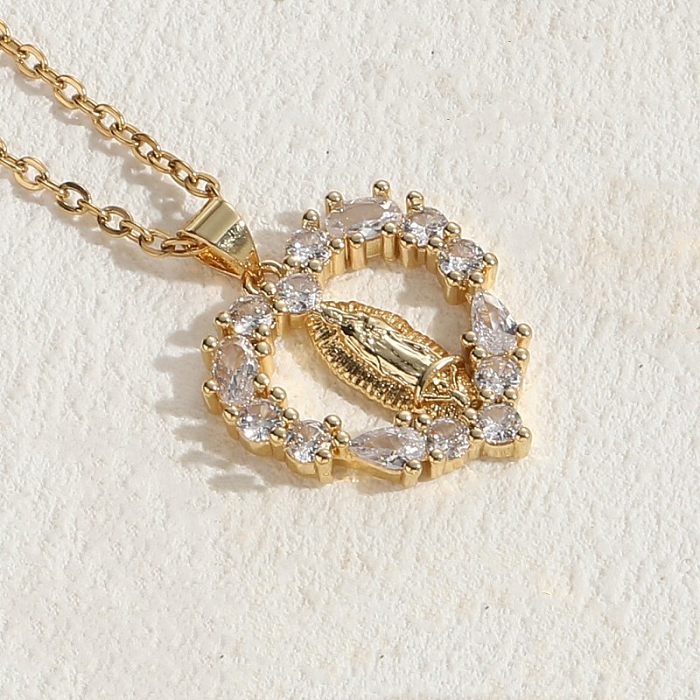 Casual estilo moderno humano oval coração forma cobre chapeamento oco incrustação zircão 14k banhado a ouro pingente colar longo colar