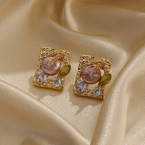 1 par de brincos de orelha banhados a ouro 18K, estilo simples, folha, formato de coração, grão, cobre, pérola, zircônia