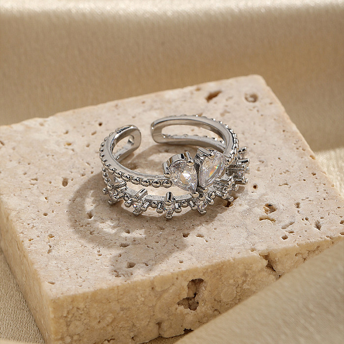 Elegant Lady Heart Shape Crown Copper Inlay Zircon Open Rings