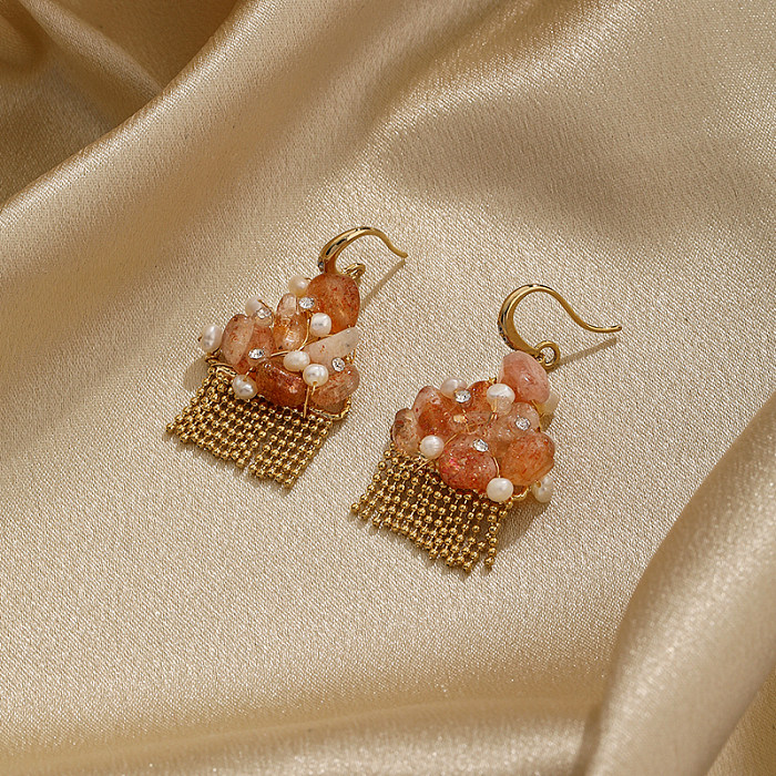 1 Pair Commute Irregular Tassel Beaded Pearl Inlay Copper Zircon Drop Earrings