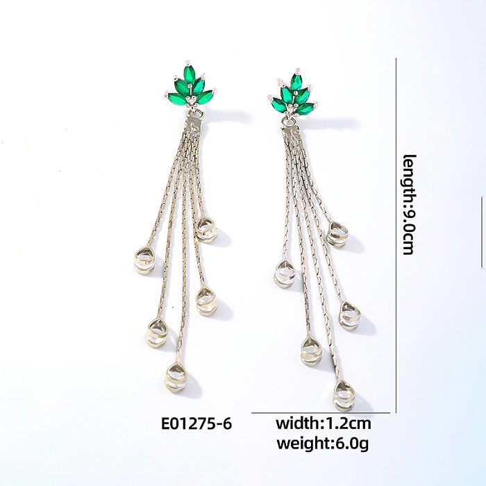 1 Pair Casual Simple Style Shiny Leaves Tassel Plating Inlay Copper Zircon White Gold Plated Drop Earrings