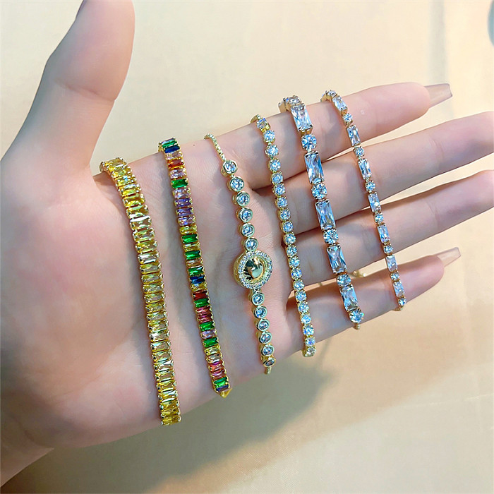 Vintage Style Simple Style Shiny Round Square Copper Plating Inlay Zircon Gold Plated Bracelets