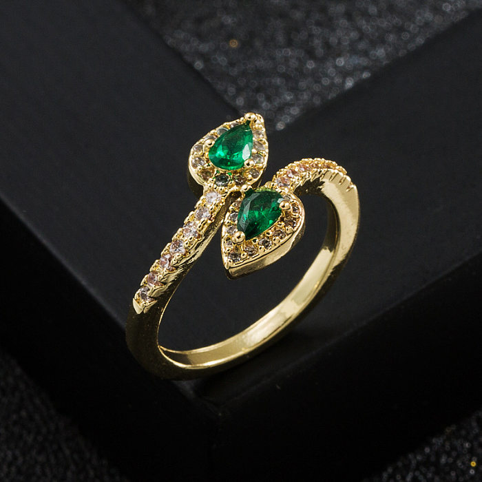 Moda cobre banhado a ouro real micro incrustado anel de zircão verde atacado