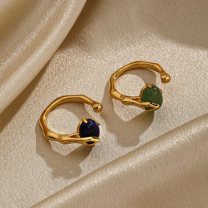 IG-Stil, schlichter Stil, oval, mit Kupferbeschichtung, Inlay, Glas, Lapislazuli, 18 Karat vergoldet, offene Ringe