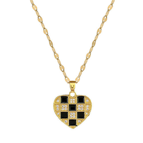 Fashion Lattice Heart Shape Stainless Steel Copper Inlay Rhinestones Pendant Necklace