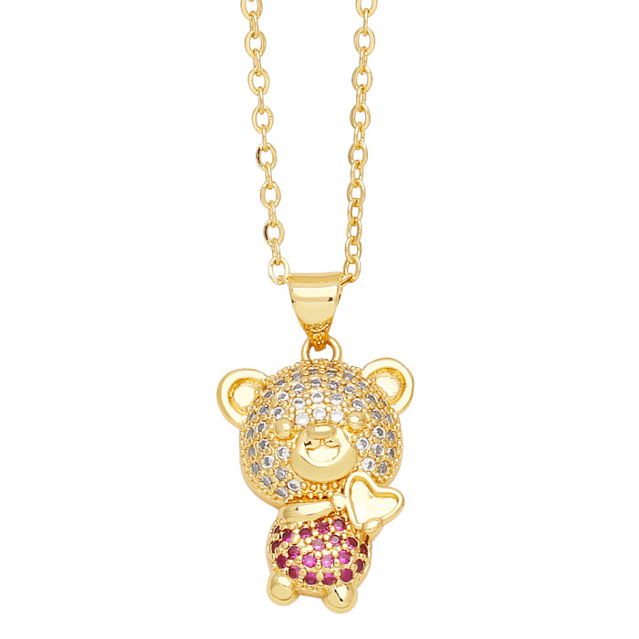 Cute Simple Style Little Bear Heart Shape Copper 18K Gold Plated Zircon Necklace In Bulk