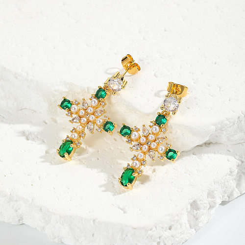 1 paire de boucles d'oreilles pendantes en cuivre et Zircon, Style Simple, incrustation de croix, perles