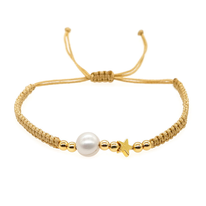 Bracelets tressés en cuivre et perles d'eau douce, style simple, pentagramme